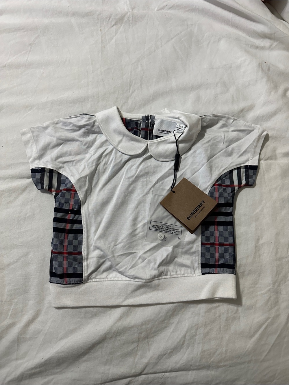 Burberry White Short Sleeve Top with Signature Check Side Panels